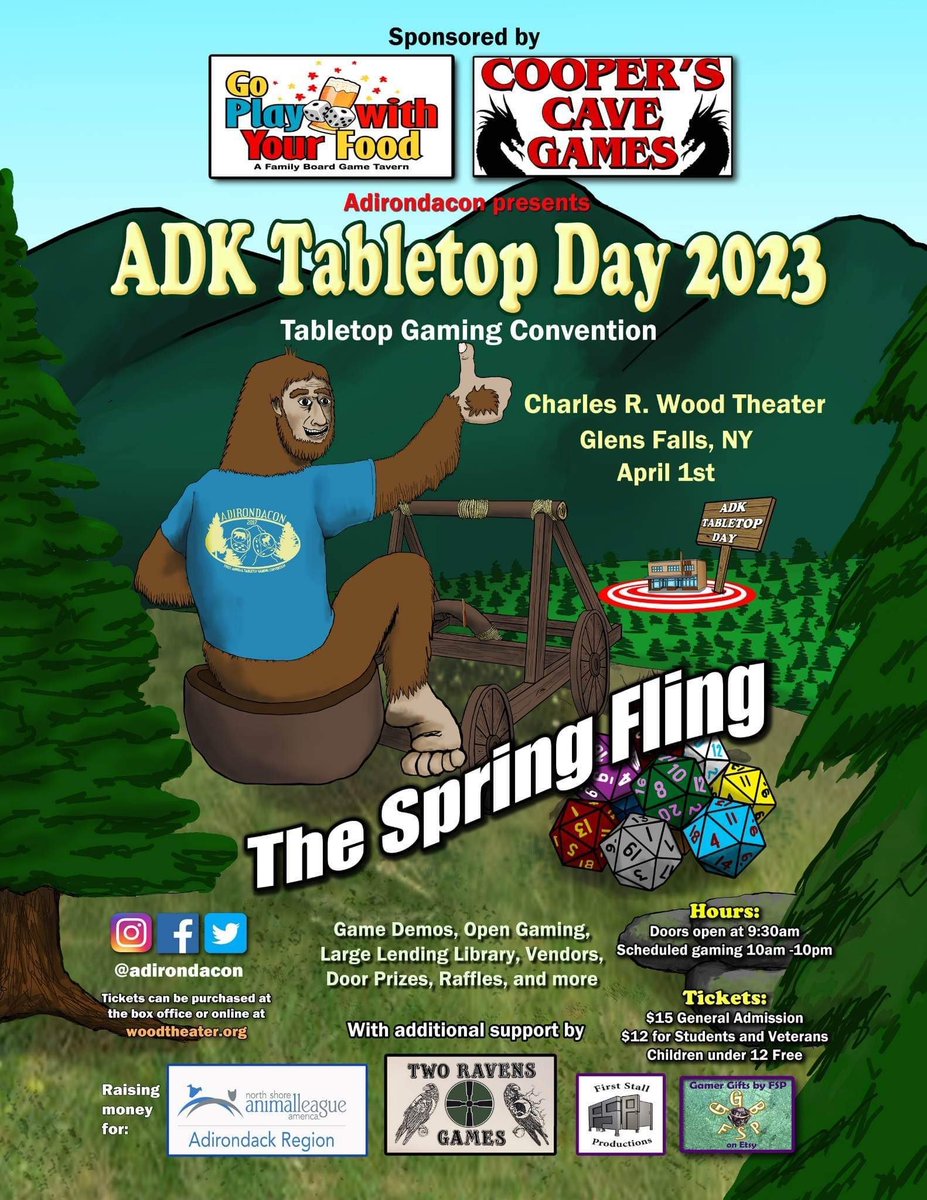 We are sponsoring ADK TABLETOP DAY 2023! Come check out Adirondacon's event at the Charles R. Wood Theater on Saturday, April 1st.  🎲

Money raised will be donated to North Shore Animal League America