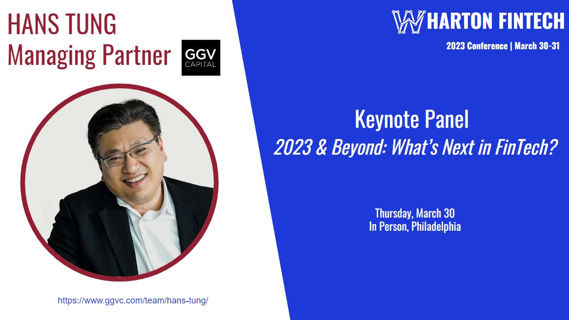whartonfintech's tweet photo. GGV Capital is a global venture capital firm focused on multi-stage, sector-focused investments.
We are excited to be hosting @GGVCapital Managing Partner, @hanstung , in person in Philadelphia at our upcoming #2023WhartonFintechConference! https://t.co/siXtY0iFFU