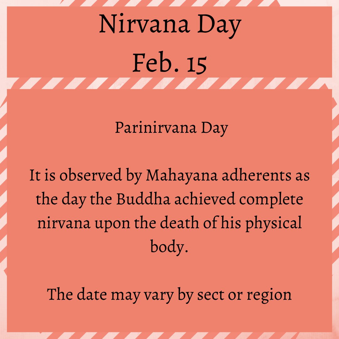 Feb. 15, 2023: Parinirvana Day is observed by Mahayana adherents as the day the Buddha achieved complete nirvana upon the death of his physical body. Date may vary by sect or region

Vanderbilt Holy Days Calendar 2022-23: vanderbilt.edu/religiouslife/…

#VUSpiritualLife #VUReligiousLife