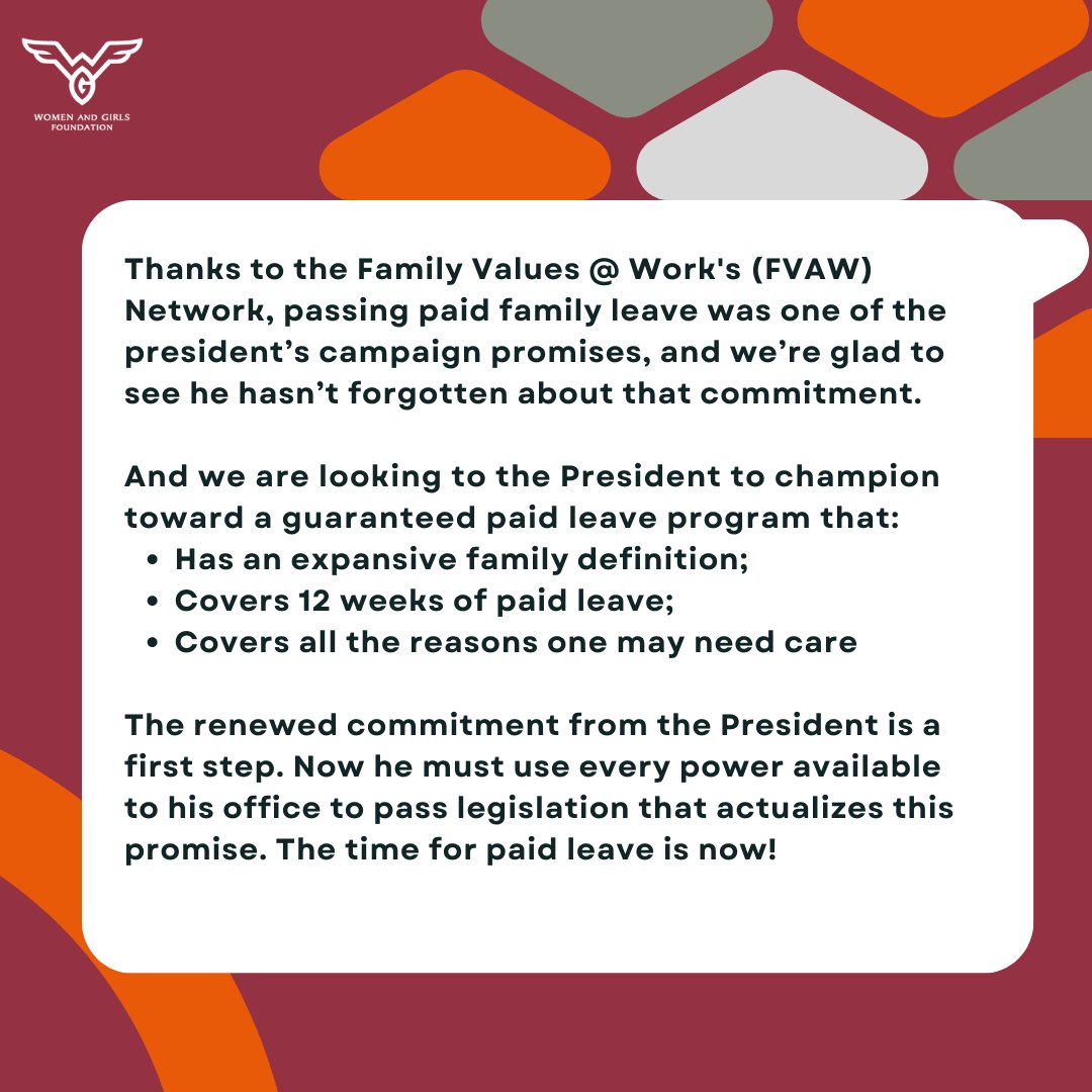 wgfpa's tweet photo. @FmlyValuesWork: We are looking to the President for a guaranteed paid leave program that:
✅ Has an expansive family definition;
✅ Covers 12 weeks of paid leave;
✅ Covers all the reasons one may need care

The time for paid leave is now!
#PaidLeave #TheTimeIsNow #SOTU https://t.co/TyS1OAE5nL