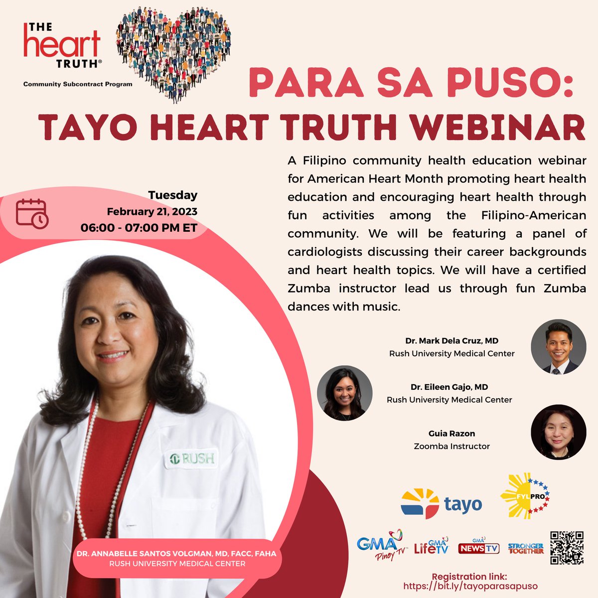 Please join FYLPRO Tayo and several amazing Pinoy cardiologists from Rush University in Chicago and a OPM Zoomba Dance Instructor for a heart healthy webinar para sa kultura!