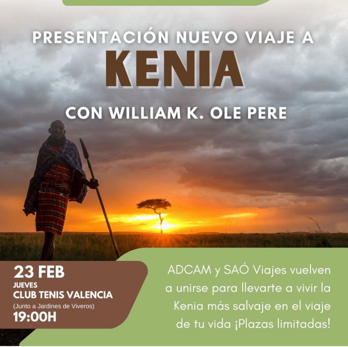 Acdam y SAÓ Viajes Naturales vuelven a unirse para llevarte a vivir la Kenia más salvaje en el viaje de tu vida. El próximo 23 de febrero, a las 19:00, en el Club de Tenis Valencia, Rosa Escandell y William Kikanae Ole Pere, te presentarán todos los secretos del próximo viaje.