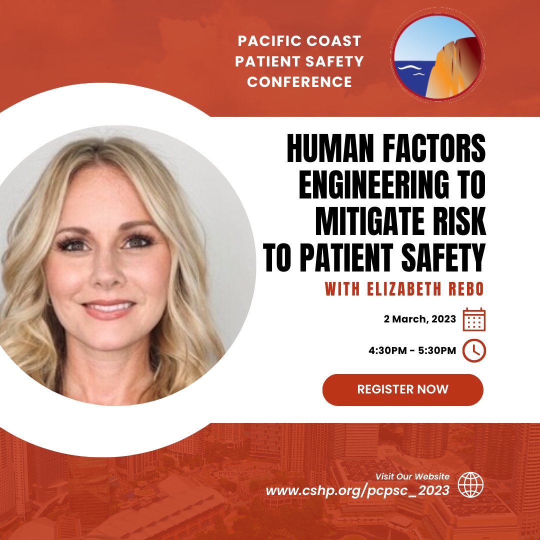 CSHP_Official's tweet photo. Join us at the 2023 Pacific Coast Patient Safety Conference LIVE and hear from speaker, Dr. Elizabeth Rebo, Executive Director and Pharmacy Quality &amp; Medication Safety from Kaiser Permanente!

Learn more &amp; register ➡️ https://t.co/PhVHA1sjIn https://t.co/NpGVVkgEo0
