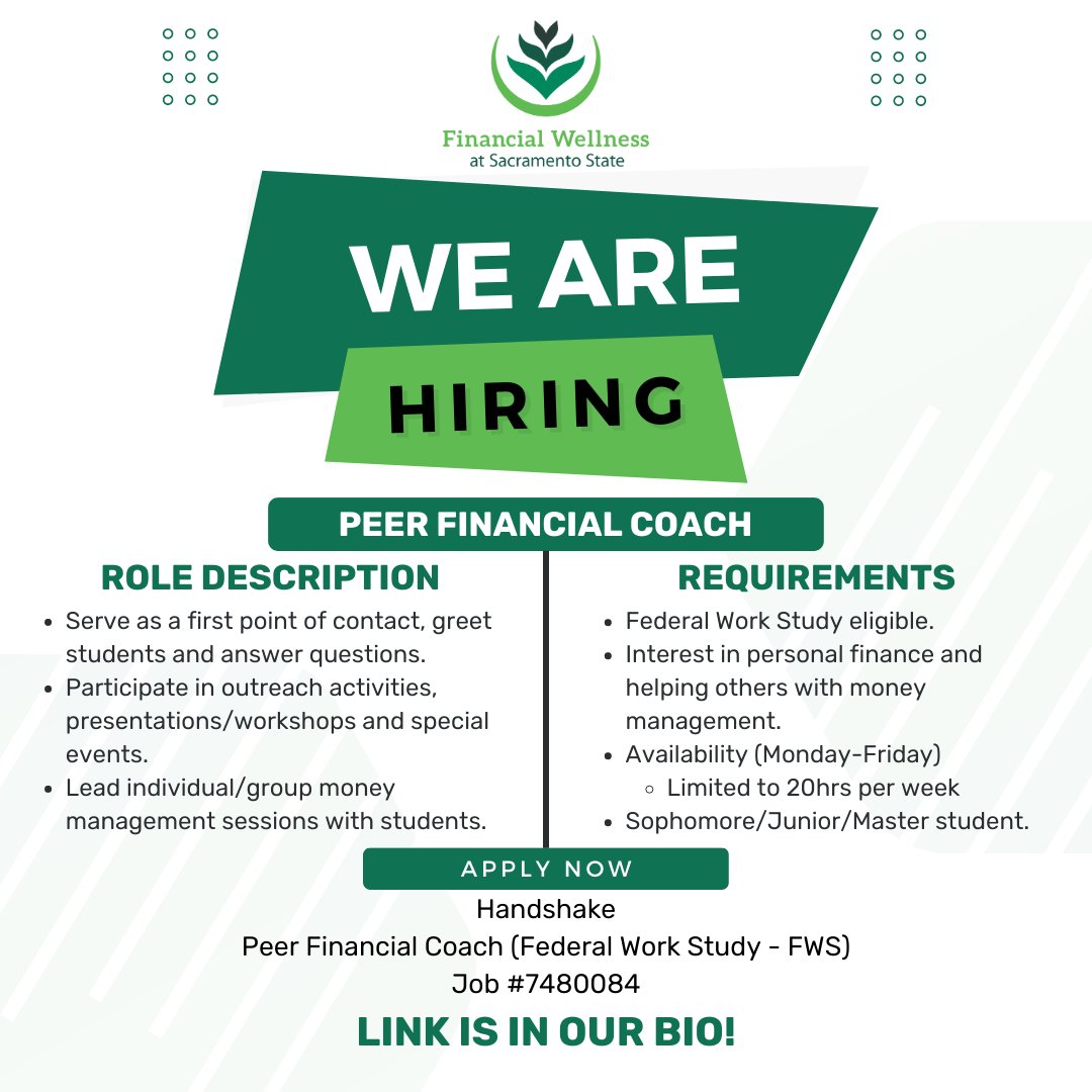 🚨 Application Deadline 2/24 🚨

We're hiring!

Click the link in our bio to join Handshake with your Sac State credentials. Once logged in search for:

"Peer Financial Coach (Federal Work Study -FWS)  -  Job #7480084"

Apply today! 🥳

Questions? DM us!

#sacsate #financialwelln
