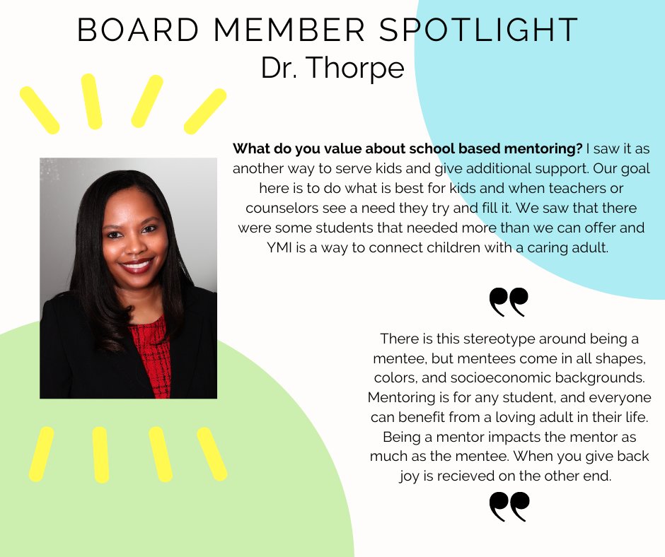 FYI_online_'s tweet image. Today we are highlighting Dr. Crystal Thorpe, principal at Fishers Junior High, YMI's first partner school in 2008. Dr. Thorpe joined the board in 2017 and has continued to provide leadership and ongoing support of YMI. Thank you! @FJHChargers