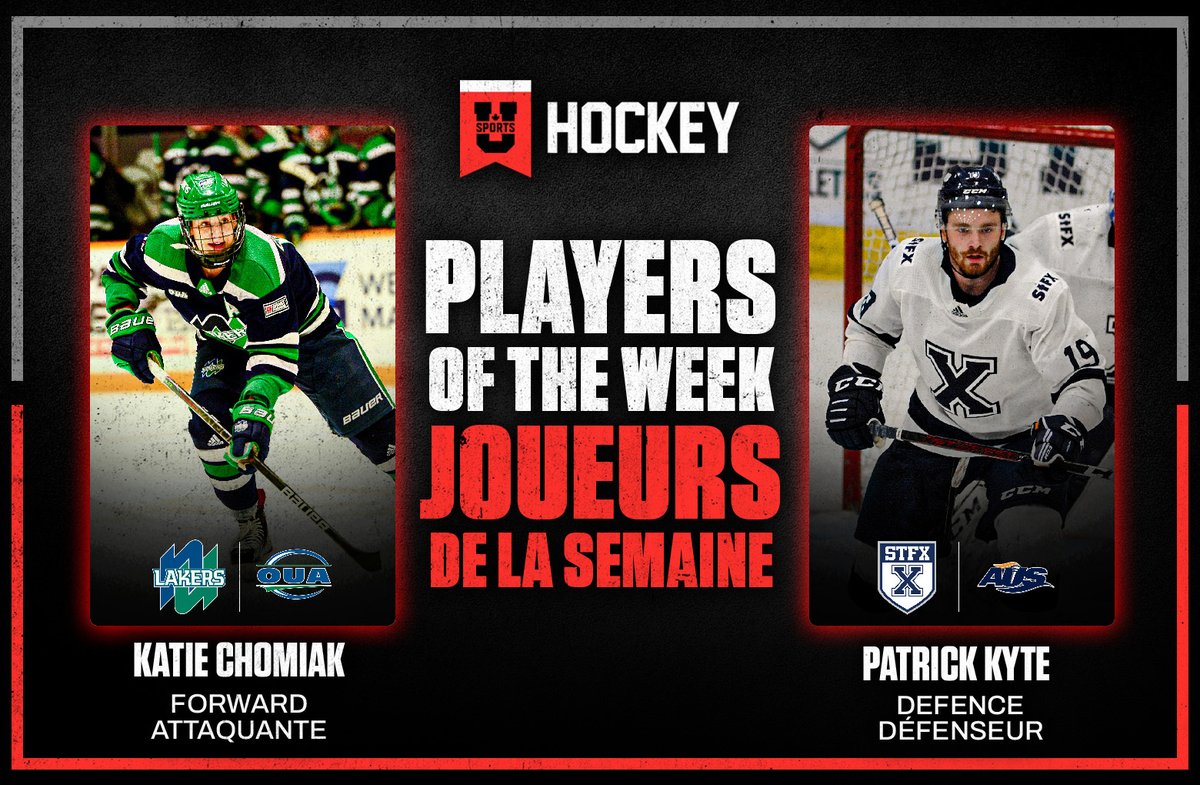 USPORTS_Hockey's tweet photo. 🏒 Chomiak of Nipissing and Kyte of STFX named U SPORTS hockey players of the week 

🏒 Chomiak de @nulakers et Kyte de @StFXAthletics sont les joueurs de la semaine du hockey de U SPORTS

EN: https://t.co/IWd2dR2npS
FR: https://t.co/pzrxtfPZOQ https://t.co/ko1TwYUaiq