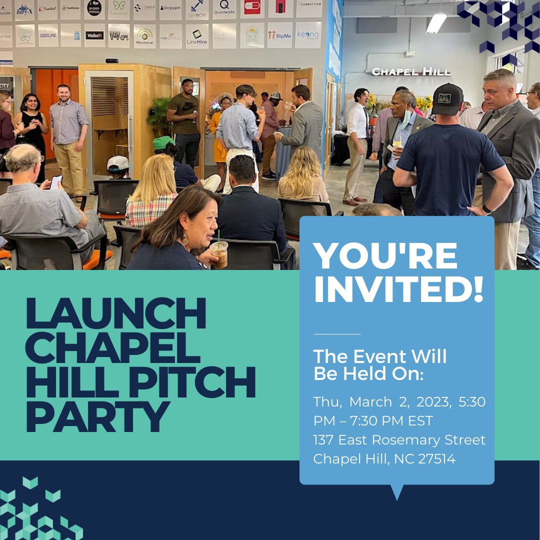 Attention all entrepreneurs and innovators! Join us on March 2nd at 5:30 PM for an electrifying night of pitches, networking, and celebrating the newest and most exciting startup ideas in the Chapel Hill area. 

Learn more at the link in the bio.
#Innovation #Startups