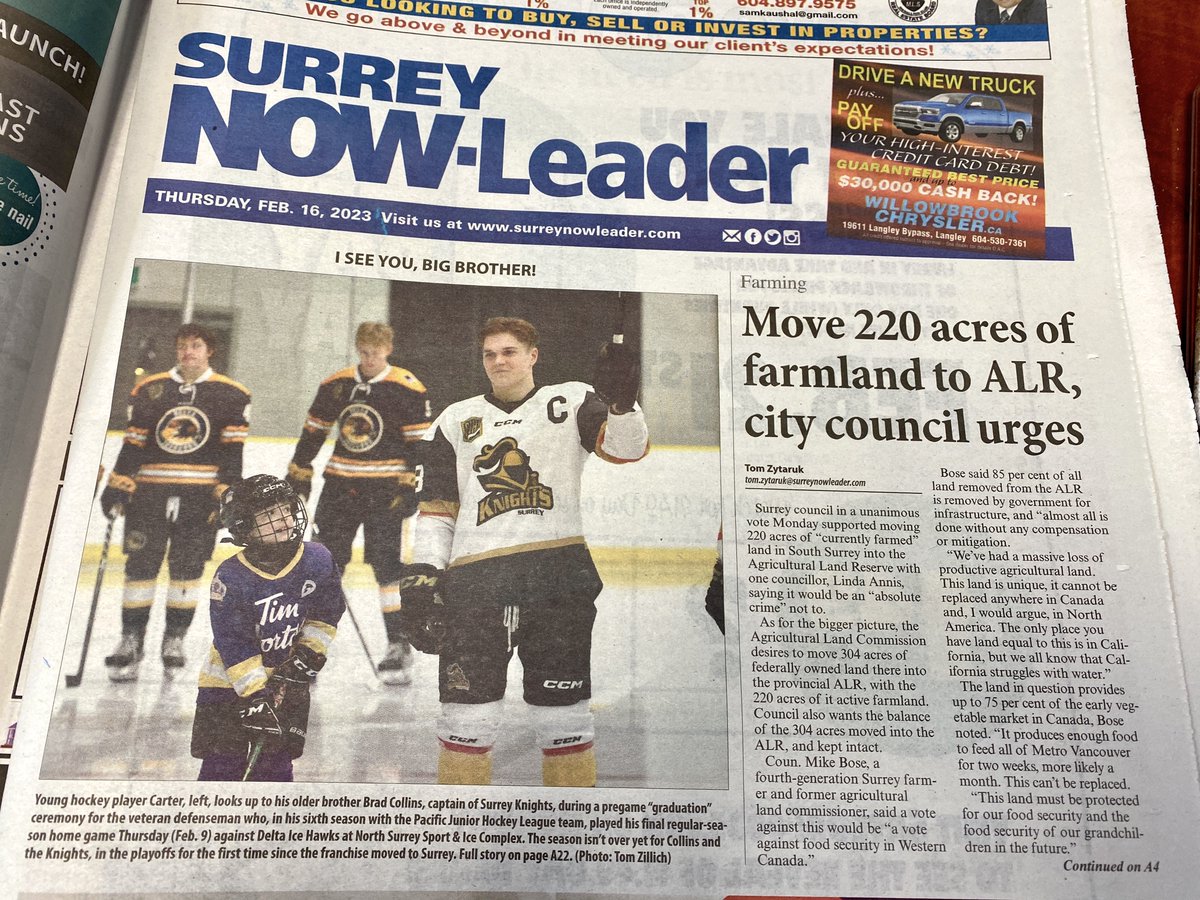 TomZillich's tweet photo. Tomorrow's front page of @SurreyNowLeader has my photo of @SurreyKnights captain Brad Collins and his little bro Carter during pregame ceremony at his final @ThePJHL reg-season game. 
6 seasons in for Collins, no playoffs — until this week! 

STORY: https://t.co/VBY2LTHpS3 https://t.co/ZXdoF5z0Dh
