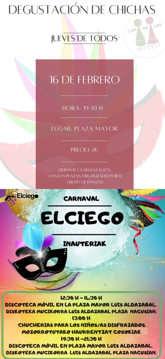 Una degustación de chichas a cargo de Landalan acompañada de una actuación de danzas va a ser la antesala de los Carnavales que se van a celebrar este fin de semana en Elciego.