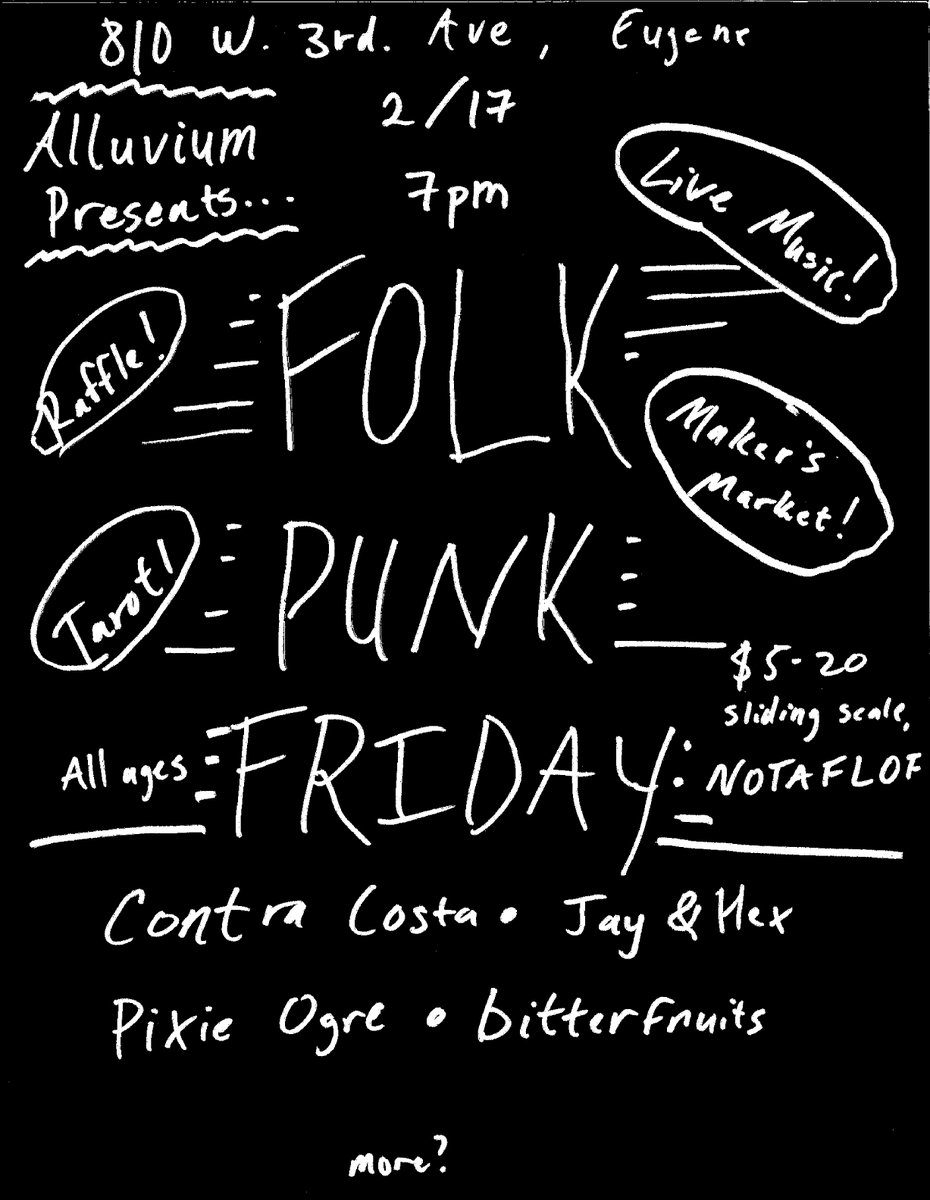 alluviumeugene's tweet photo. For those of you in dark mode, here's an updated version of the flyer for this Friday!!! Cool stuff happening w/ lotsa great artists, vendors, and local creative folks who would love some support! https://t.co/5C6GggWeG5