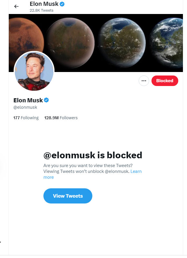 Been blocked. Was sick of twitter revolving around him and constantly reading about him. Still have some respect for him.... some.. #BlockElon