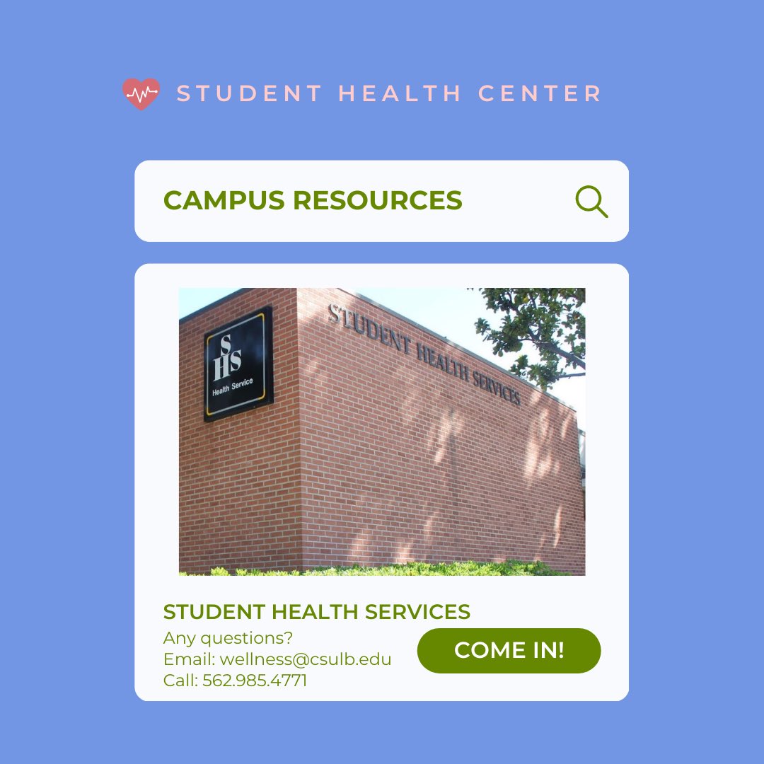 commcsulb's tweet photo. Have you been to our Student Health Center on campus? π©Ί
The SHS offers a number of resources available to you and is included in your tutution. Such as: general primary care, reproductive health care, pharmacy, immunizations and much more!
#CSULBSHS #studenthealthservices https://t.co/JdYSjMHOIK
