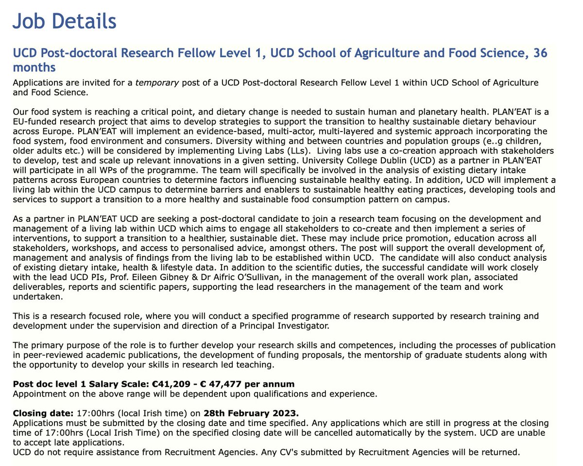 See below details of 3yr Post Doc position working with <a href="/EilsGibney/">Eileen Gibney</a>  and <a href="/AifricOSullivan/">Aifric O'Sullivan</a> on the exciting PLAN'EAT project in UCD. Closing date: 17:00hrs 28th February. Full details below! Please share. <a href="/PlanEat_eu/">Plan'Eat</a> <a href="/UCDFoodHealth/">UCDFood&Health</a> <a href="/UCD_Research/">UCD Research</a>
