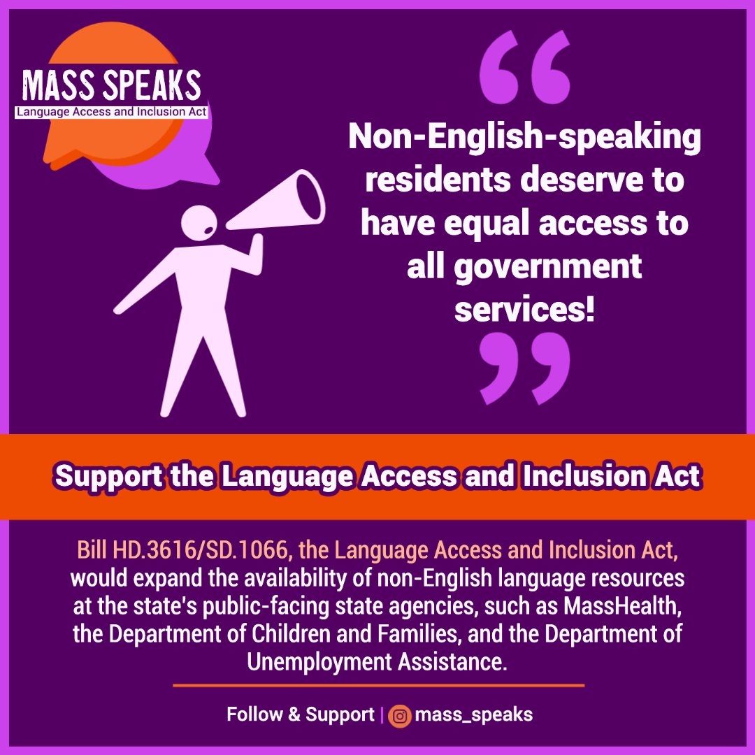 Mass_Speaks's tweet photo. Non-English-speaking residents deserve to have equal access to all government services.
We need #LanguageAccessForAll!
➡️Take action and send a message to your legislators now. #mapoli #massspeaks
https://t.co/X0IQKRFDGm https://t.co/2glJyqPsCW