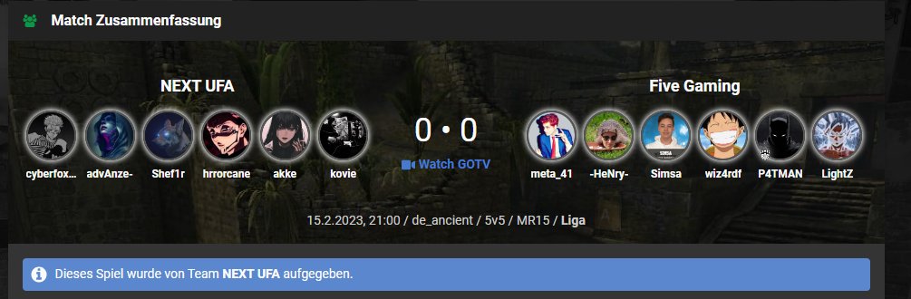 War'n schnelles heute, stehen jetzt 7:2 Intermediate 🤫🍌
<a href="/meta_41/">Ronaldinhooo</a> 
<a href="/SimsaCSGO/">Simsa</a> 
<a href="/wiz4rdCSGO/">wiz4rd</a> 
<a href="/P4TMANN/">P4TMAN</a> 
<a href="/DrRay1337/">Dr.Ray</a>