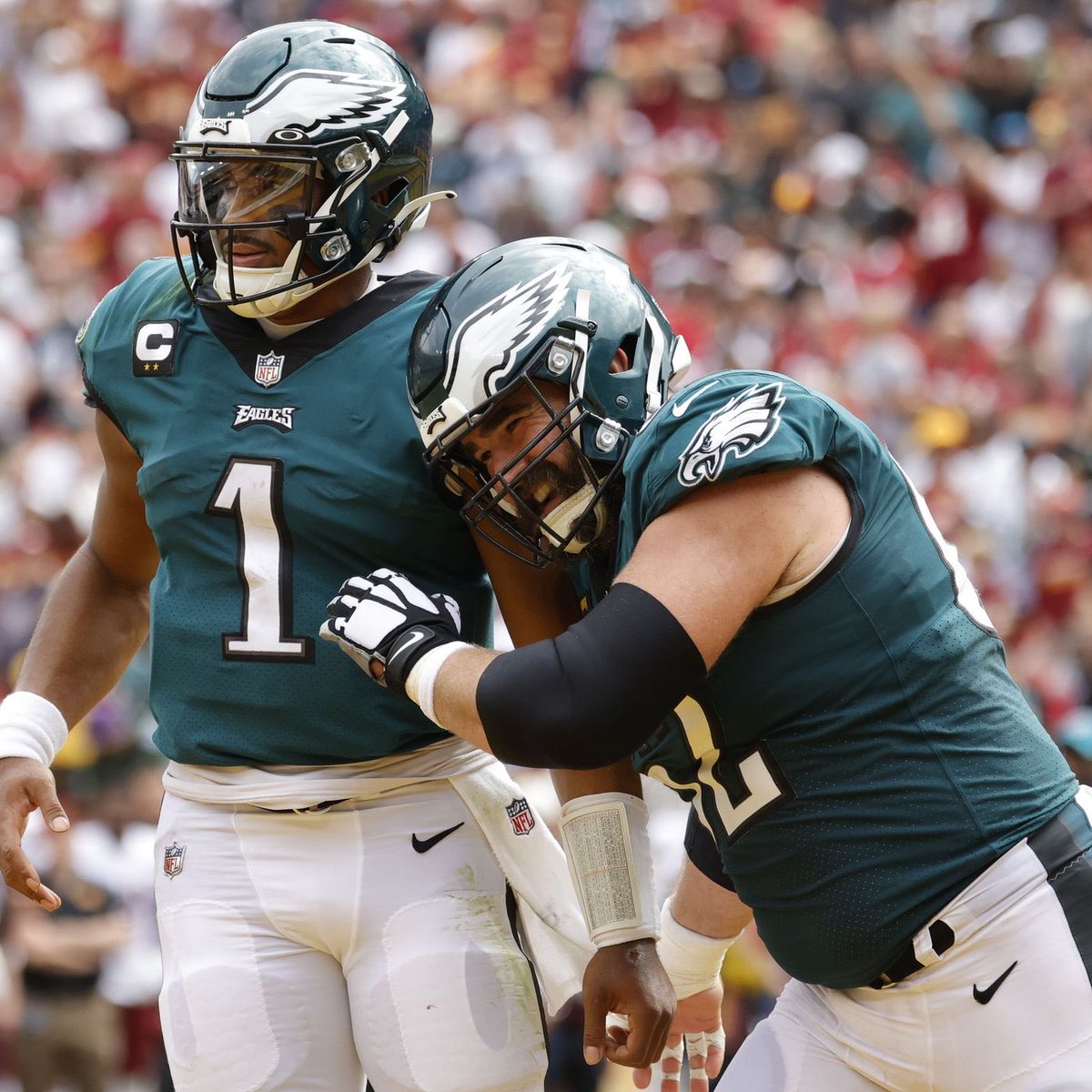 PHLEaglesNation's tweet photo. Jason Kelce on Jalen Hurts in #SBLVII: “It was unbelievable. I’m just so proud of him. His whole journey, how he continually answers all criticism, just takes it and just keeps getting better. He showed everyone the QB he is, and who he can be.. and he’s only gonna get better.” https://t.co/k5F9QxyMzt