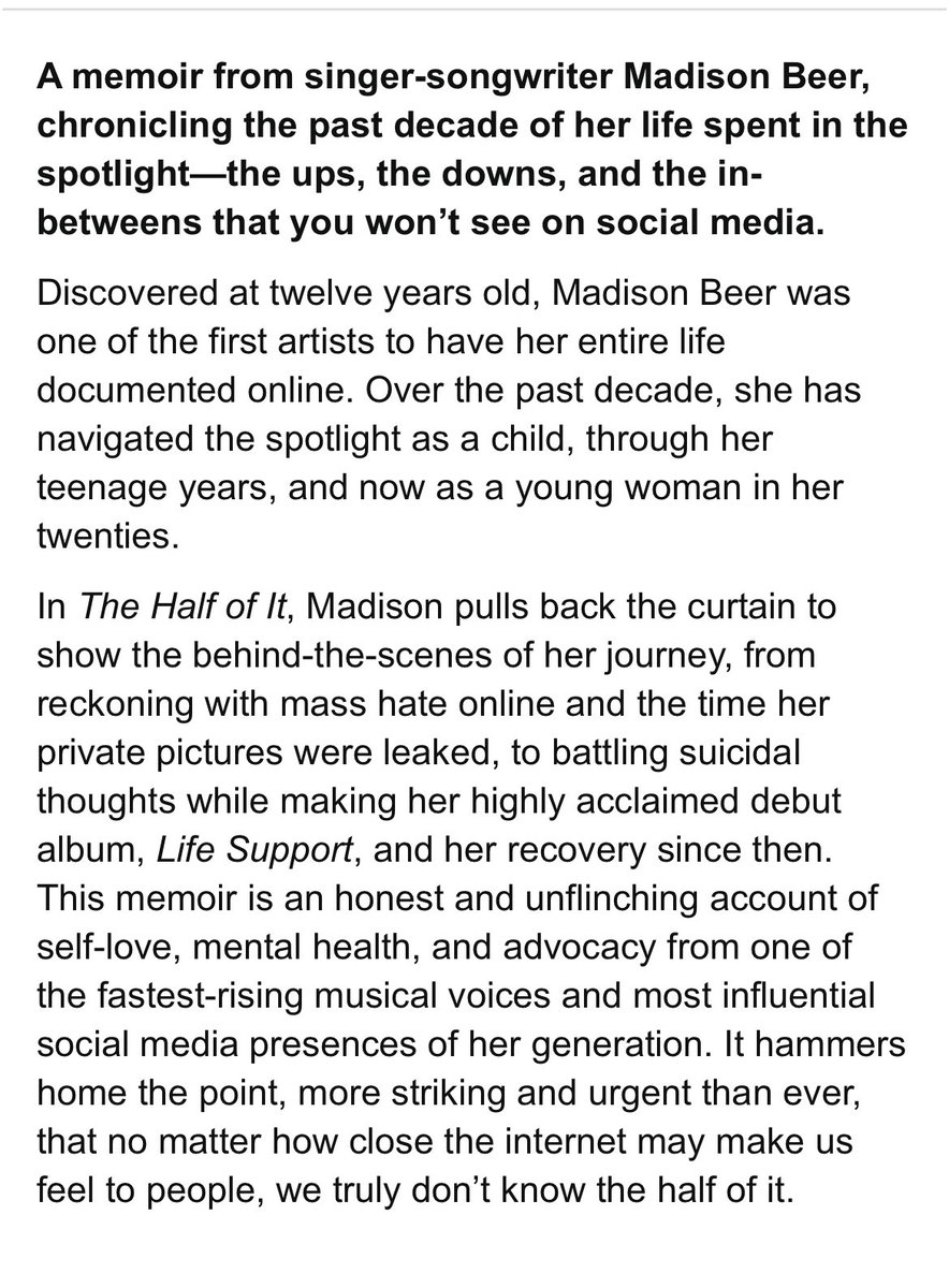 MadsBeerUpdates's tweet photo. 🚨@madisonbeer has written her FIRST memoir! We are so proud of you Madison! Order your copies on Amazon with the link provided! #madisonbeer #lifesupport #showedme #SHOWEDMEOUTNOW
🔗 https://t.co/lDVJppaihR https://t.co/Hzh77dIsMV