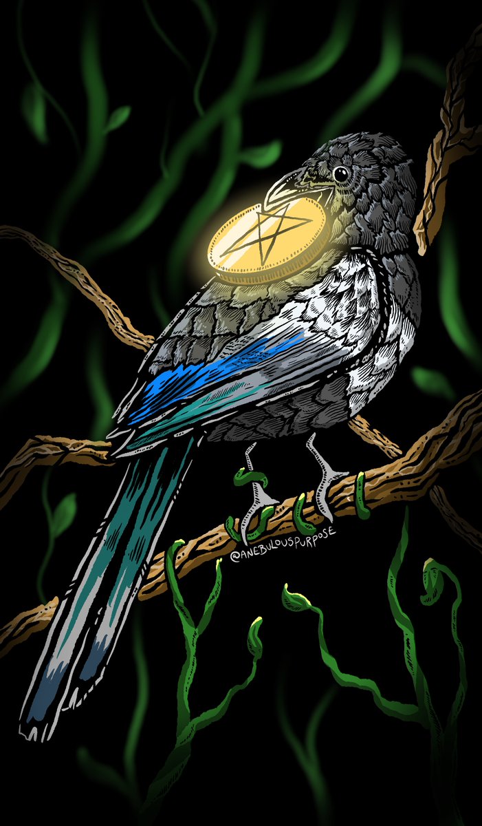 nebulouspurpose's tweet image. The Ace of Pentacles!! Magpies are such cool birds, aren't they? Also that weird little noise they make! 10/10!! #procreate #tarot #aceofpentacles