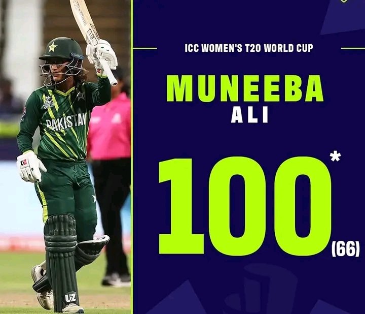WomensTeamPak's tweet photo. HISTORIC! 🙌🏼 Well Done 
@MuneebaAli17 becomes the first-ever Pakistan batter to score a century in Women's T20 World Cups &amp; T20 Internationals! 

#T20WorldCup #PAKvIRE #womencricket https://t.co/NswOKXo1ak