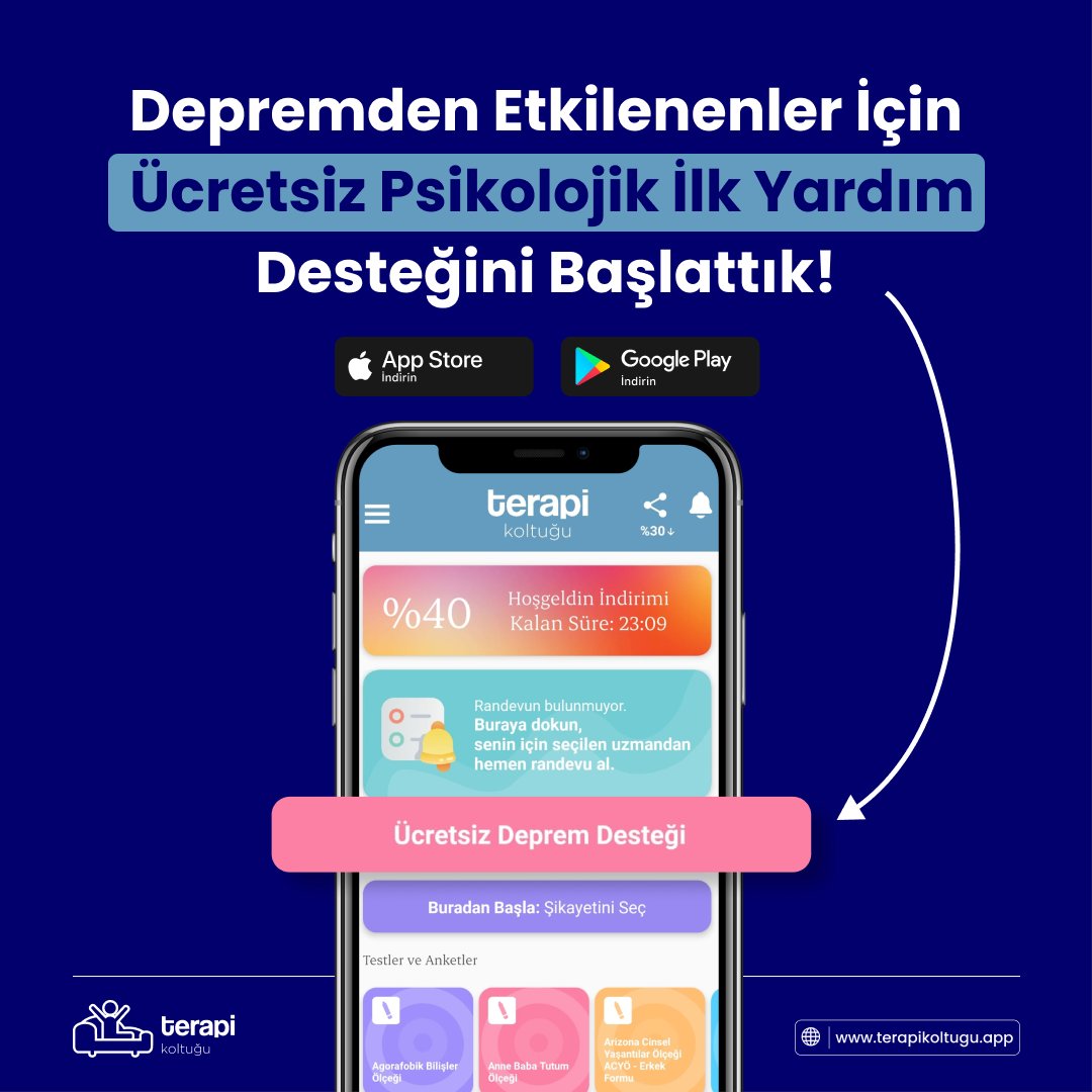 Depremden etkilenenler için ücretsiz psikolojik ilk yardım desteğimiz başladı. 

Uygulamayı indirip “Ücretsiz Deprem Desteği” butonuna tıklayarak uzman psikologlarımıza mesaj atabilir, görüntülü görüşme yapabilirsiniz.

#TürkiyeTekYürek