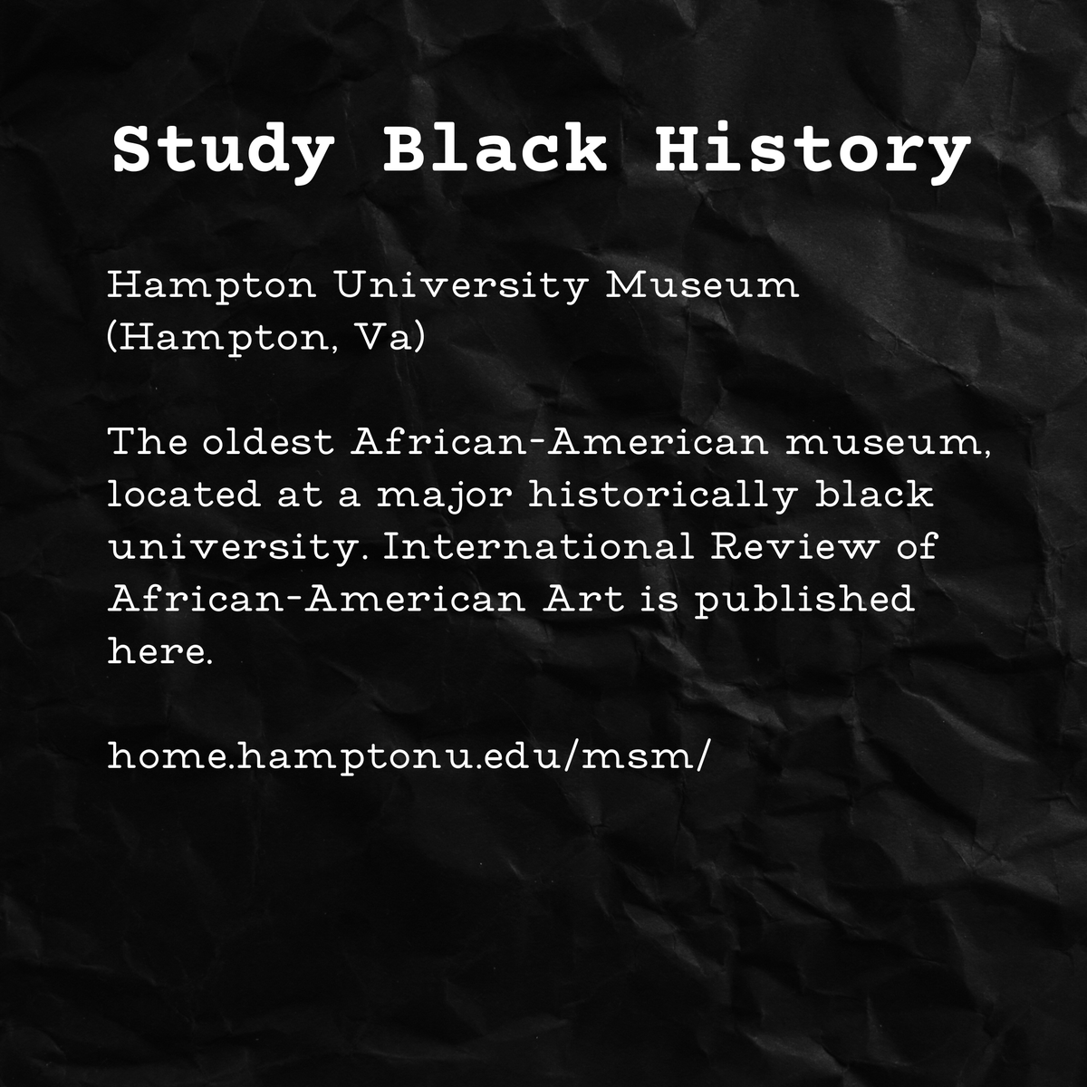 HBC430Creative's tweet photo. INDEPENDENT STUDY HALL : Hampton University Museum (Hampton, Va)

The oldest African-American museum, located at a major historically black university. International Review of African-American Art is published here.

STUDY BLACK HISTORY

https://t.co/oM47x0Vc4Q https://t.co/YsHBWKtxTe