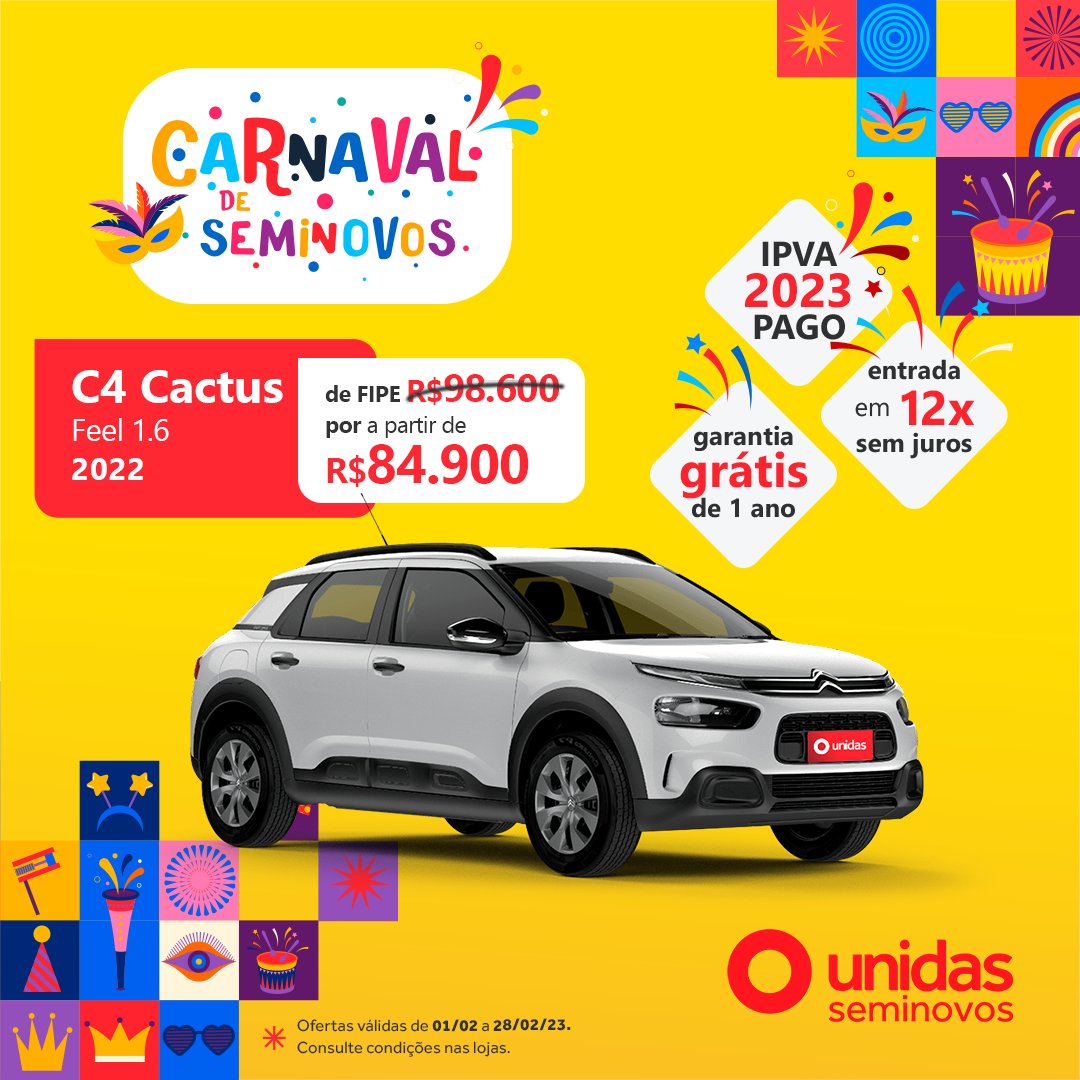 UnidasSeminovos's tweet photo. Supercompleto e confortável, o C4 Cactus Feel At 1.6 4p 2022 é um veículo moderno e muito dinâmico. 😉
Não perca tempo, acesse o site da Unidas Seminovos e garanta o seu! ❤️
Ofertas válidas até 28/02/2023. Consulte condições!⠀
#UnidasSeminovos #IPVA2023 https://t.co/ScWrJch1Gl