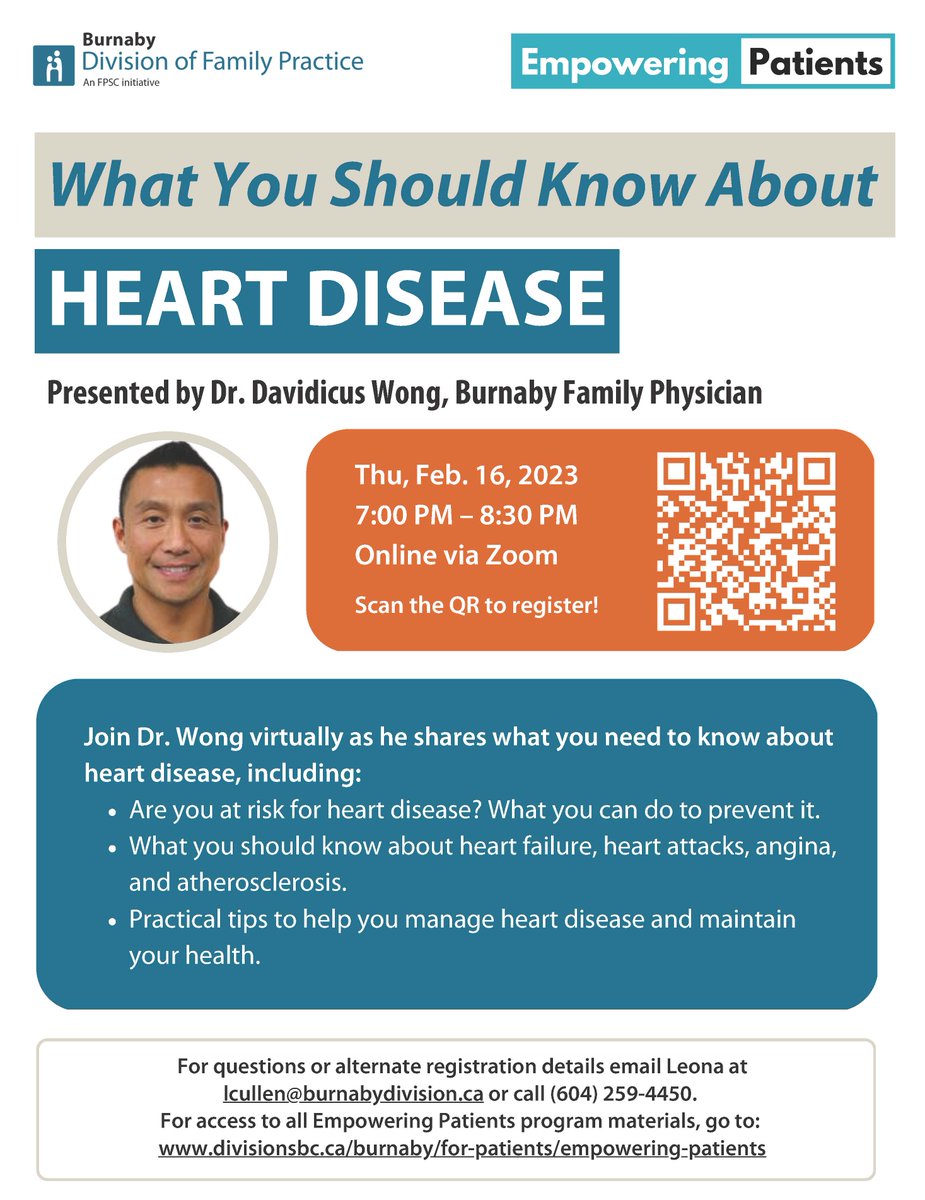 BurnabyDFP's tweet photo. It's not 2 late to register for tomorrow's #EmpoweringPatients health talk on heart disease! Join @DrDavidicusWong who will share info prevention &amp; management.

This session is being held via Zoom (7pm). @CityofBurnaby @burnabypl @bbybeacon 

Register: https://t.co/AM8MZeIGIL https://t.co/HfObBvsOVQ