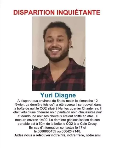 🔴 APPEL À TÉMOINS - Yuri Diagne, 20 ans, a disparu depuis dimanche après avoir passé la soirée dans une discothèque de #Nantes. Sa famille a signalé sa disparition. Si vous avez des informations, contactez le 17. #CO2 #AppelÀTémoins