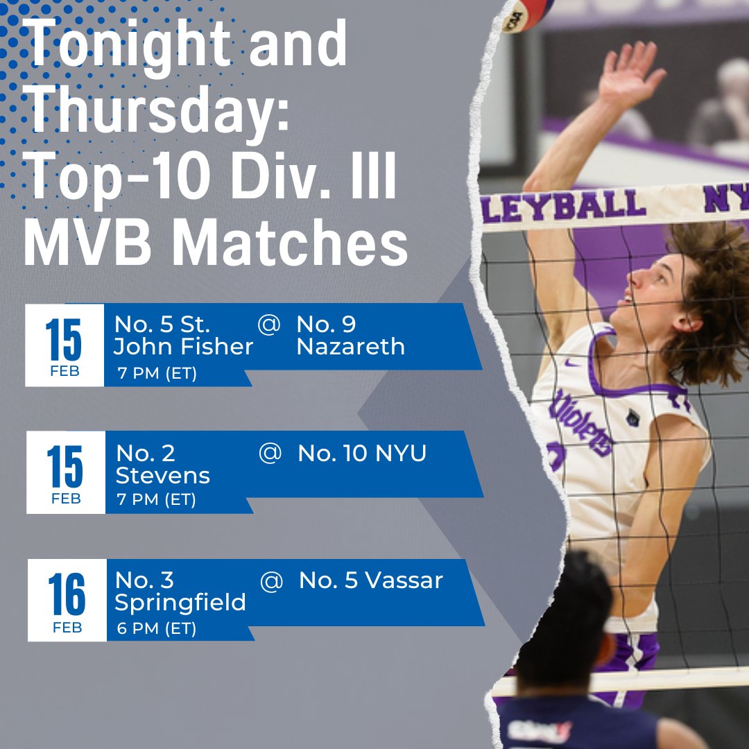 Check out these Top-10 battles in Div.III MVB the next two nights:
2/15: No.5 St. John Fisher at No.9 Nazareth (watch: bit.ly/3Eb79r5)
2/15: No.2 Stevens at No.10 NYU (watch: bit.ly/3IspfHI)
2/16: No.3 Springfield at No.5 Vassar (watch: bit.ly/3YV7dmH)