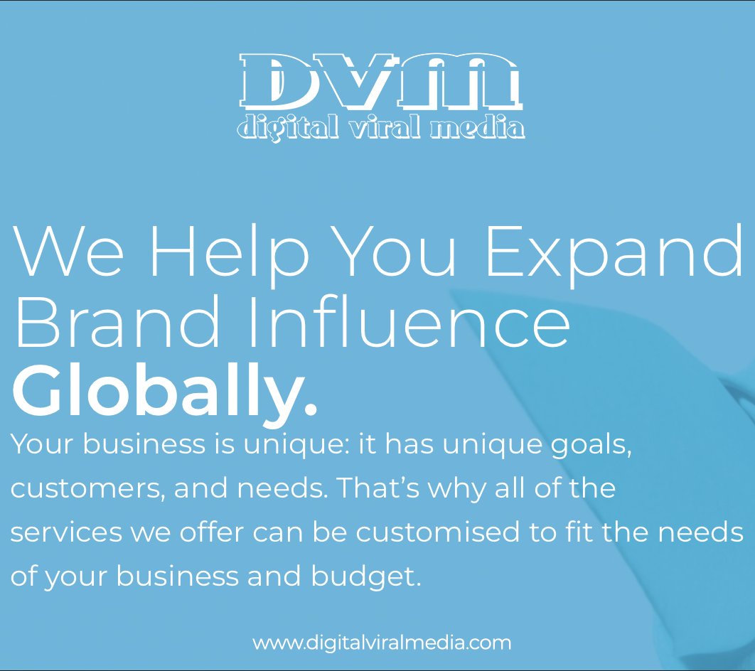 We Help You Expand 
Brand Influence
Globally.
Your business is unique: it has unique goals, customers, and needs. That’s why all of the services we offer can be customised to fit the needs of your business and budget. digitalviralmedia.com