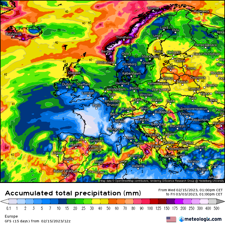 Il n'y pas eu de pluie significative en France depuis 24 jours (record sur la période hivernale).
L'image des cumuls de précipitations sur les 15 prochains jours prévue par GFS est éloquente🤐. Le pays pourrait vivre son mois de février le plus sec depuis le début des mesures.