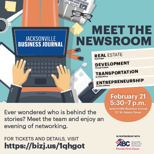 bizjournals.com/jacksonville/e…
Tuesday, February 21
Ever wonder who's behind the stories in the Jax Biz Journal? Here's your chance to meet the team! Join the Jax Biz Journal for an evening of networking with the JBJ staff.