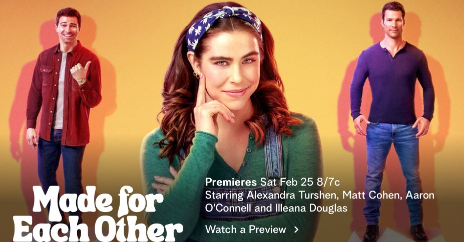 OConnellFanClub's tweet photo. Hey Aaron O'Connell Fans! 
A new @HallmarkChannel movie premieres on Saturday February 25 8/7c. Made For Each Other starring Aaron O'Connell, Alexandra Turshen, Matt Cohen, and Illeana Douglas. https://t.co/D8rdPrnD8E