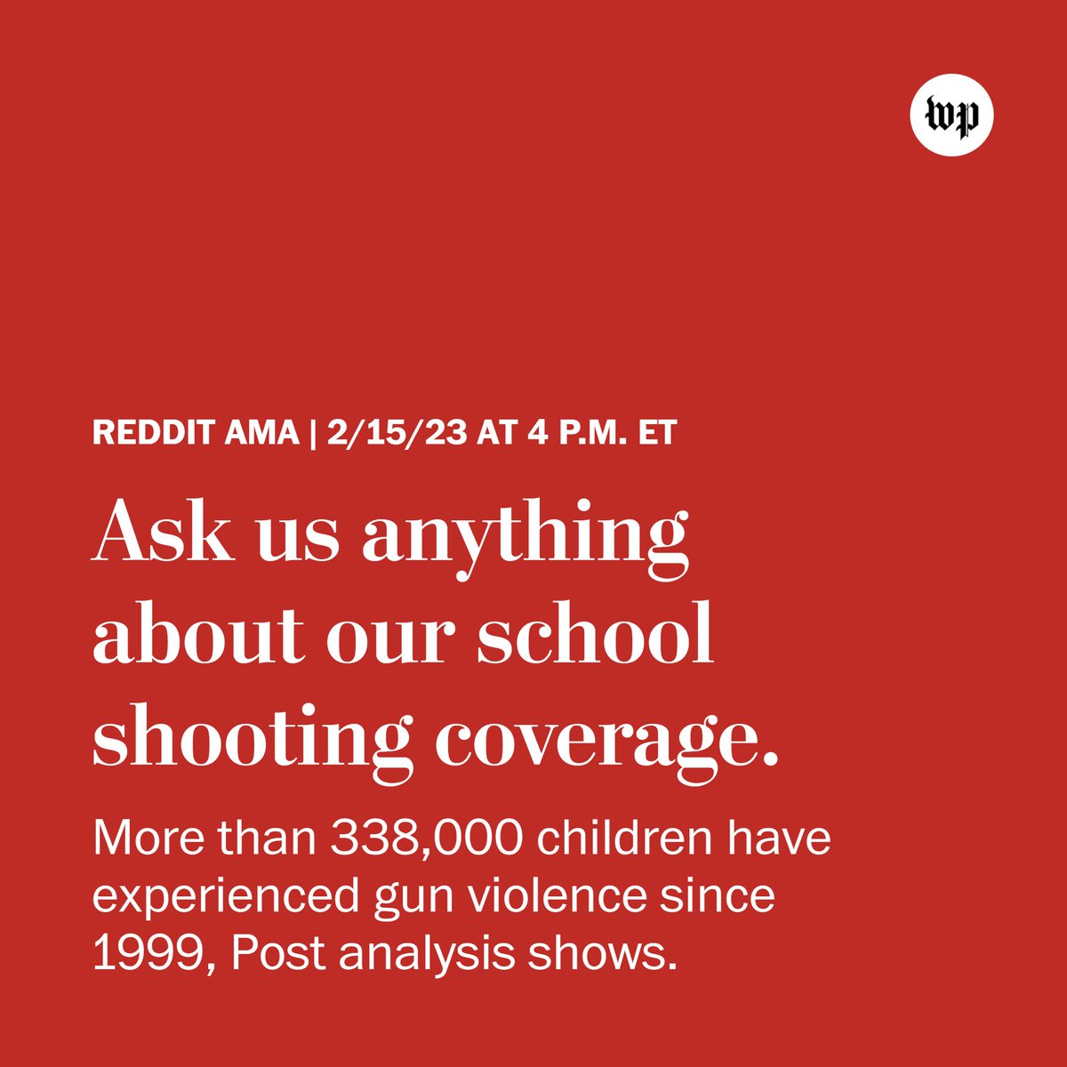 For the last five years, reporters @JohnWoodrowCox and @dataeditor have been maintaining a unique database that tracks the total number of children exposed to gun violence at school. Learn more about their findings today at 4 p.m. ET on Reddit: redd.it/1137rx6.