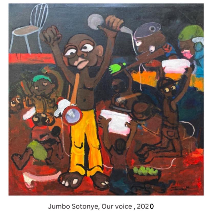 soty2's tweet photo. Our Voice was created in the wake of the End Sars protests of 2020. In the middle ground, an anonymous figure stands tall, protesting with his people and amplifying their daily struggles. Throughout the piece, subtle imagery indicates d struggle &amp; oppression that Nigerian’s face https://t.co/ixMq3PoZ5Z