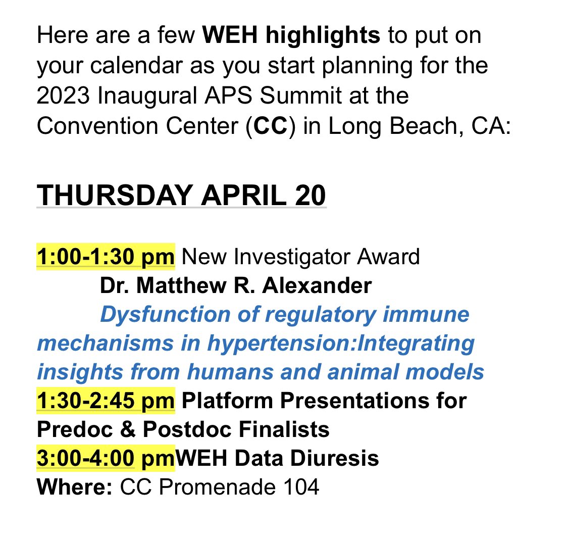 Don’t miss out on the APS Water and Electrolyte Homeostasis Section pre-conference programming that includes a New Investigator Award lecture by @VascRes Matt Alexander! See you in Long Beach, CA in April!