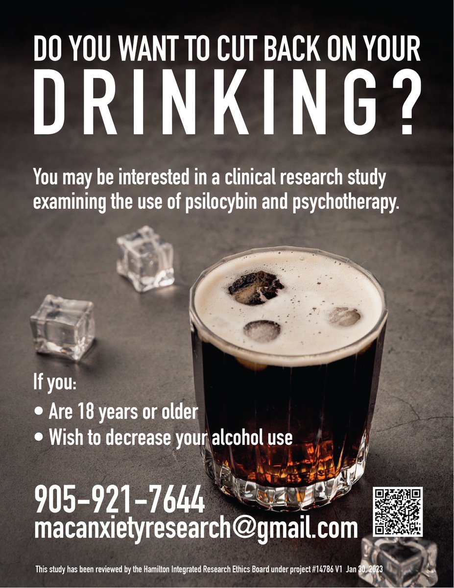 AnxietyResearch's tweet photo. Do you want to reduce your drinking? 

If you: Are 18+, use alcohol almost daily &amp; in large amounts, wish to decrease your alcohol use

You may be interested in a clinical research study using psilocybin with psychotherapy

Contact:
905-921-7644 OR macanxietyresearch@gmail.com https://t.co/NQrSqeBoXp