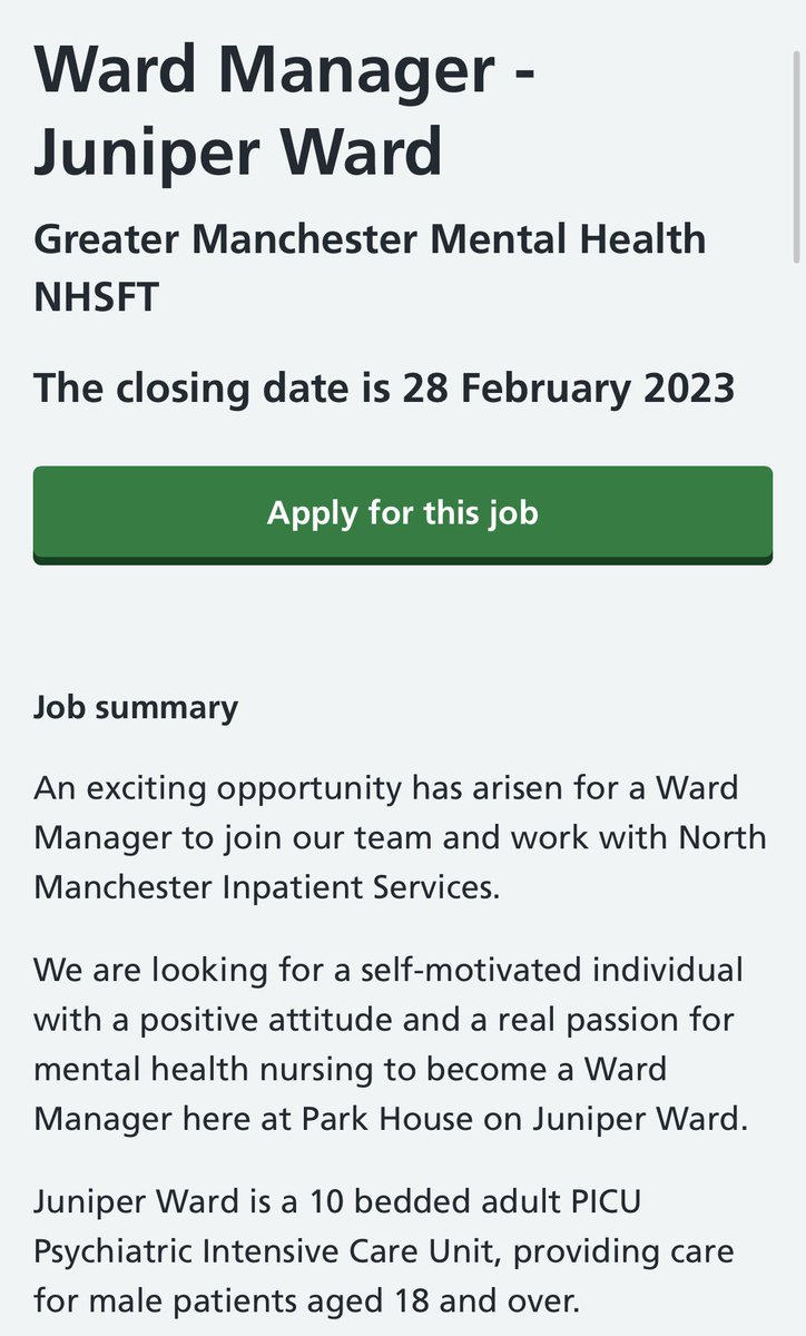 Cara Oates (@caraoates1) on Twitter photo 🌟WE ARE RECRUITING!🌟
PICU Ward Manager- Juniper Ward
✅Are you a compassionate leader?
✅Are you passionate about improving patient care?
✅Are you positive about service development?
Yes to all? APPLY BELOW NOW ⬇️⬇️⬇️
<a href="/GMMH_NHS/">Greater Manchester Mental Health</a>
#AViewOfNorth
beta.jobs.nhs.uk/candidate/joba… 🌟WE ARE RECRUITING!🌟
PICU Ward Manager- Juniper Ward
✅Are you a compassionate leader?
✅Are you passionate about improving patient care?
✅Are you positive about service development?
Yes to all? APPLY BELOW NOW ⬇️⬇️⬇️
<a href="/GMMH_NHS/">Greater Manchester Mental Health</a>
#AViewOfNorth
beta.jobs.nhs.uk/candidate/joba…