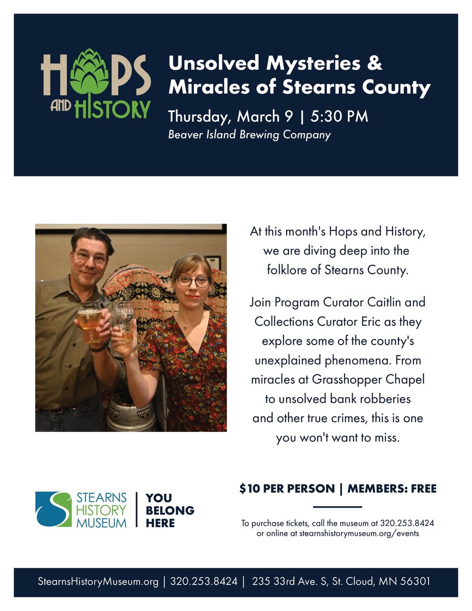 We have a ghost, a priest and a detective or a 'sleuth.' They agreed to help us promote our next #HopsandHistory program 'Unsolved Mysteries & Miracles of Stearns County!' 👻🔍 Join us at @BeaverIslandSTC March 9! @StearnsCountyMN @stearnscounty