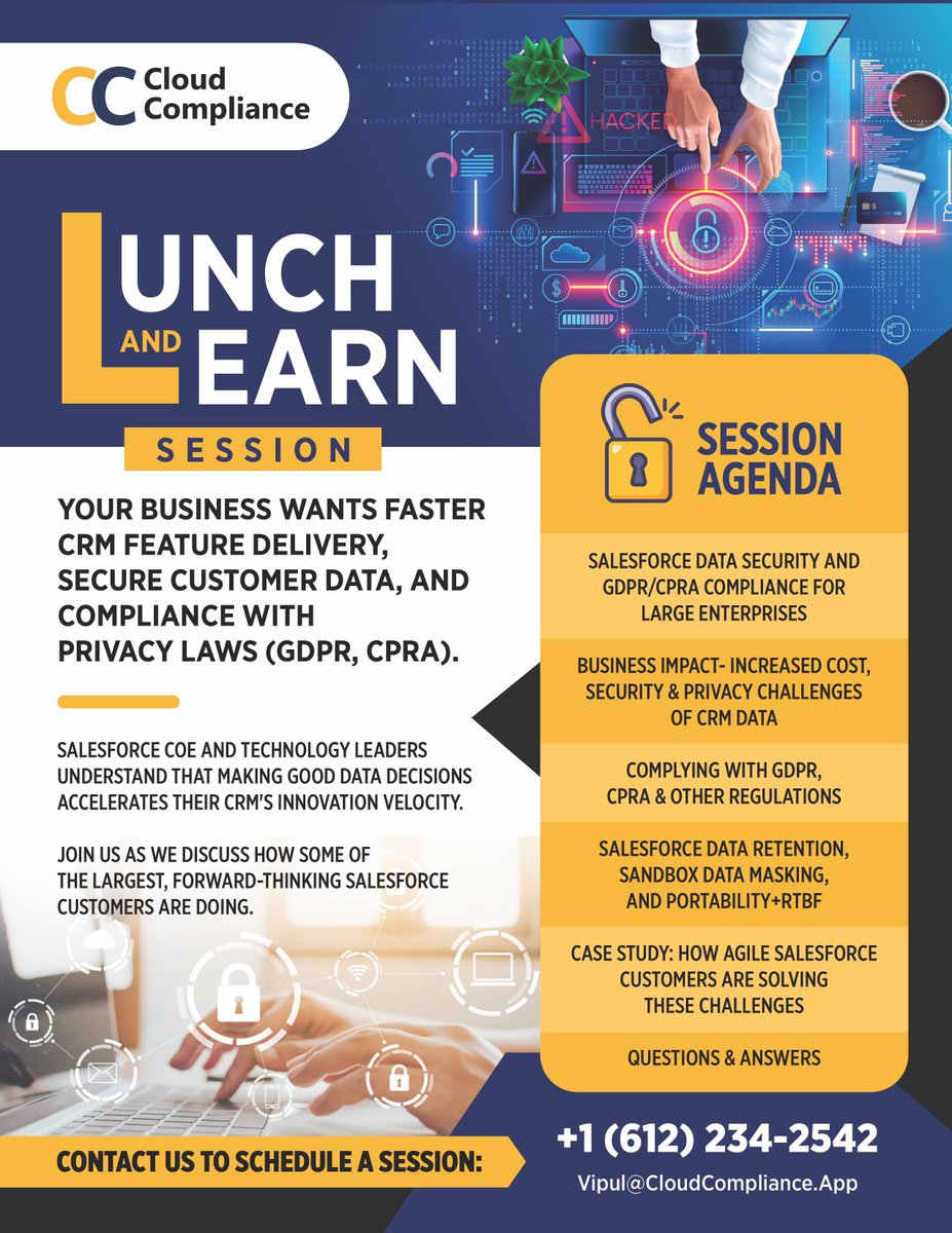 Contact me to schedule a Lunch-N-Learn session on understanding Data Privacy & Security on #salesforce data. #dataprivacy #dataprotection #datasecurity #gdpr #gdprcompliance #gdprcompliant #ccpa #cpra #salesforcearchitect #salesforcedeveloper #salesforcetraining