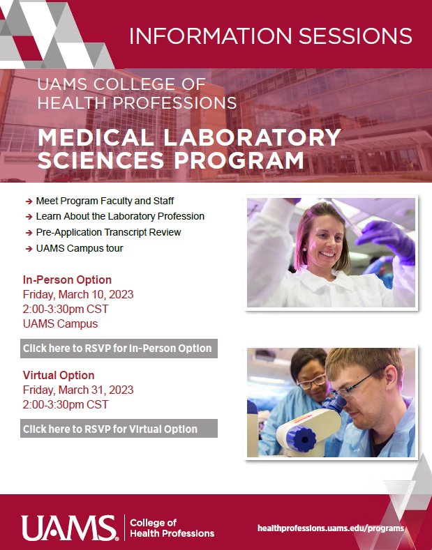 uamschp's tweet photo. 📧 RSVP Today! https://t.co/J3AxMNjLhY
👉In-Person option for those interested in the on-campus program
👉Virtual options for those interested in the on-campus program and the MLT to MLS Program
#medicallaboratoryscience #medlabtech #lab4life #medlabsciences #mlttomls #degree https://t.co/huPlsYVliE