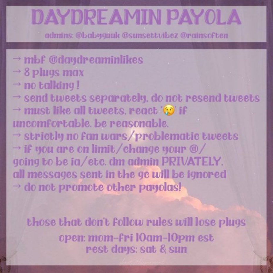 RECRUITING ACTIVE MEMBERS FOR DAYDREAMIN PROMO / PAYOLA / HYPE GC  

✶ retweet &amp; reply to be added
✶ 60+ likes guaranteed
✶ all fandoms welcomed 
✶ don’t join if ia
✶ MUST BE FOLLOWING <a href="/daydreaminlikes/">daydreamin likes</a> 

— adding to wait list first, then adding to main gc in 24 hrs