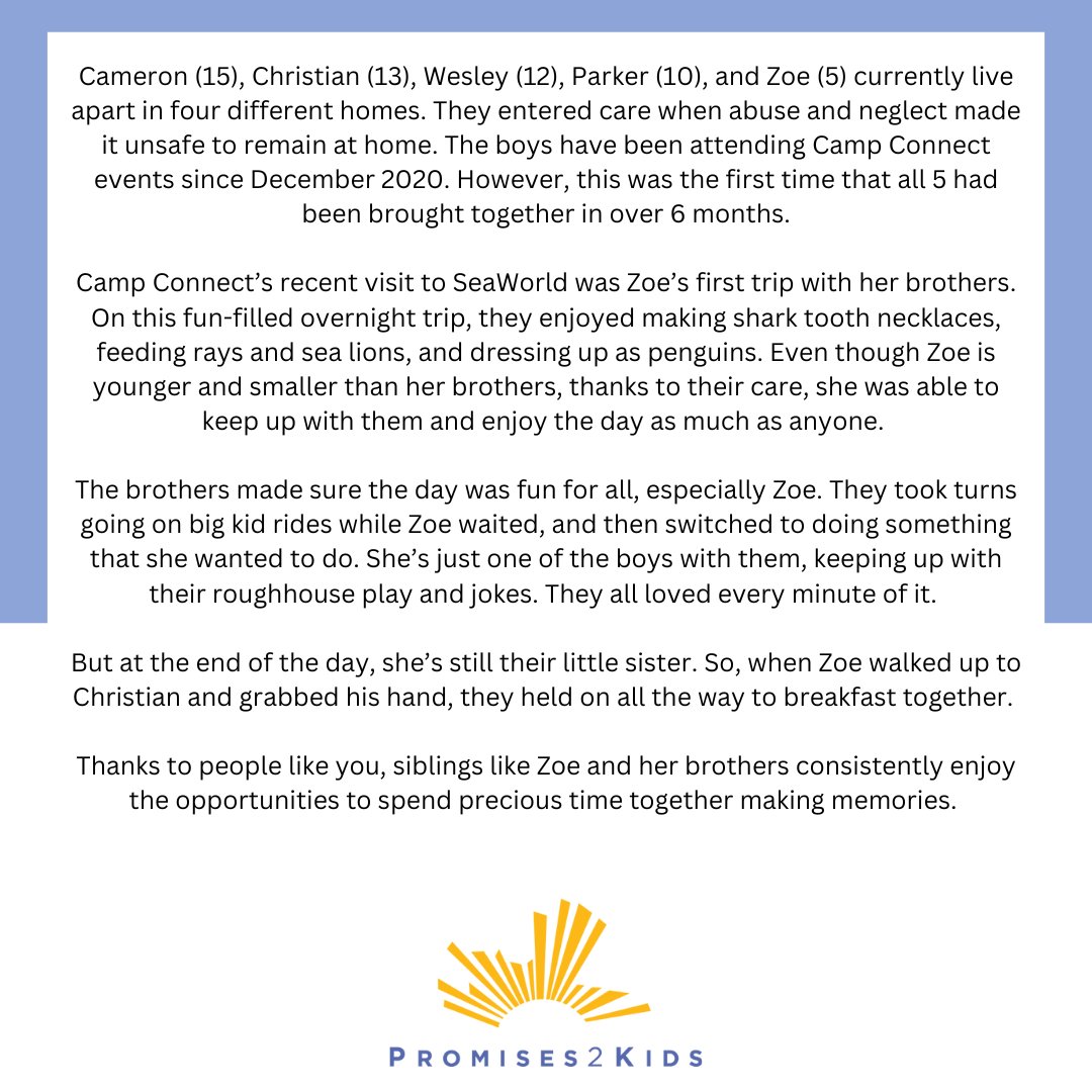 promises2kids's tweet photo. A special day for Zoe and her 4 brothers 💛
#Siblings #seaworld #campconnect #fostercare https://t.co/SMqHvDrwLe