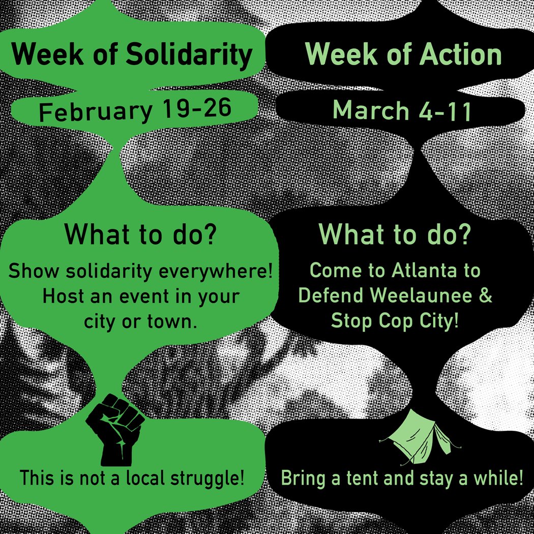defendATLforest's tweet photo. what's going on to #stopcopcity?
week of solidarity everywhere (Feb 19-26)
week of action in Atlanta (March 4-11) https://t.co/uF5ZYHY6Np