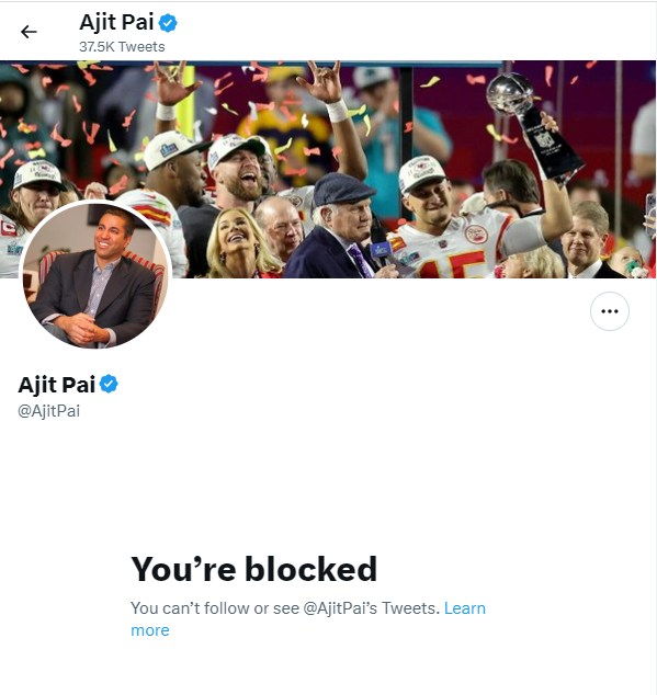 orbmombro's tweet photo. Today I found out Mr. #NutNeutrality @AjitPai is a snowflake who blocked me. Dunno when, but very telling https://t.co/fn9Q30OzTi
