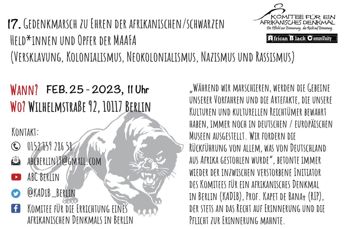 KADiB_Berlin's tweet photo. Bitte breit verbreiten!✊🏿🙏🏿
17. #GEDENKMARSCH ZU EHREN DER #AFRIKANISCHEN/#SCHWARZEN
HEID*INNEN UND OPFER DER #MAAFA (VERSKLAVUNG, KOLONIALISMUS, NEOKOLONIALISMUS, NAZISMUS UND RASSISMUS)
Einladung: https://t.co/6P8m0etC9W #africa #community #share https://t.co/I1eMGMnJJq