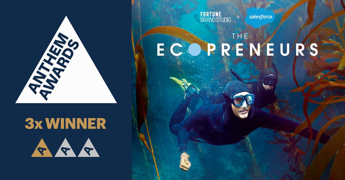fortunebranded's tweet photo. We are excited to announce that The Ecopreneurs, our series and branded content campaign created with @salesforce+ about the innovative entrepreneurs driving climate action, won 1x GOLD and 2x SILVER awards at the @anthemawards! Watch here: https://t.co/zQ75OkU2QT https://t.co/kp6XRHzKwO