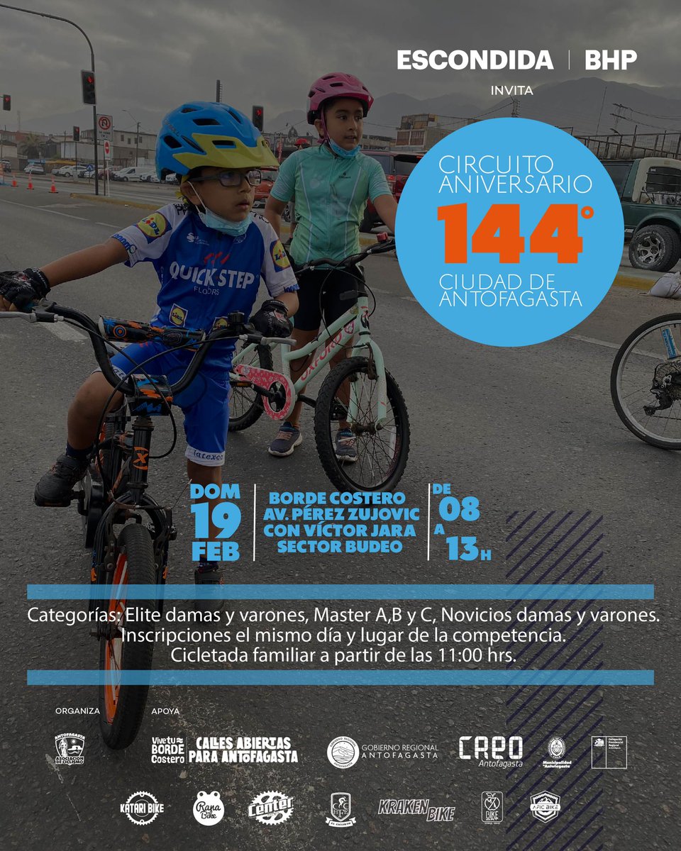 CreoAntofagasta's tweet photo. 🟣 Escondida | BHP te invita a una nueva edición del Circuito Aniversario 144 de #Antofagasta 🚴🚴🏼‍♀️

🤩 Prográmalo en tu agenda🤩

📆 #Domingo 19  de #febrero

📌 Sector @BudeoBodyboard (Av. Pérez Zujovic con Víctor Jara)

☑️Inscripción presencial el día del circuito (8 am) https://t.co/yLoIpnWX1V