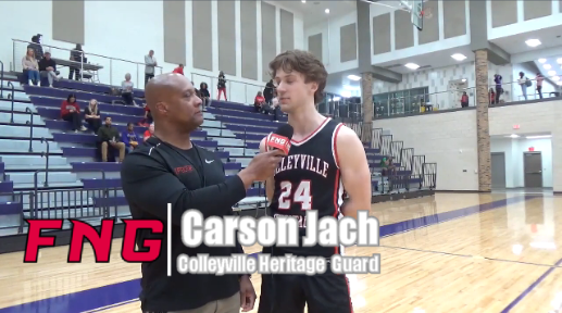 FridayNghtGlory's tweet photo. VIDEO  @KennyMatthews talks to Colleyville Heritage Guard Carson Jach after 43-37 Win Over Denton to punch ticket to the 2023 Texas 5a Basketball playoffs  https://t.co/wnqHbNKDbO #txhsfb #FNGsports https://t.co/I7GFezyhgW