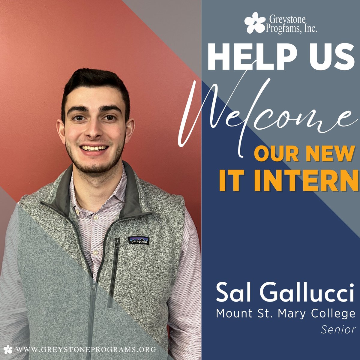 GreystonePrgrms's tweet photo. Help us WELCOME our new intern! Sal Gallucci, a senior at @msmc_ny was selected because of his career interest in the field of information technology. Link in bio for more 🔗👆 #missionstrong #greystoneprograms #intershipopportunities #hudsonvalley #hudsonvalleyny https://t.co/Nn6fZACqN6